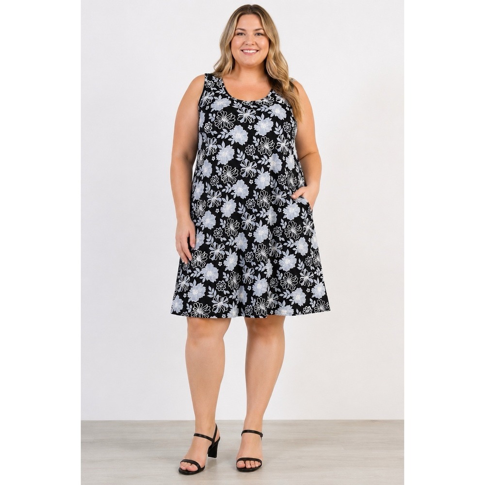 Candalite Women's Plus 2X Black White Floral Sleeveless Stretch Dress Casual